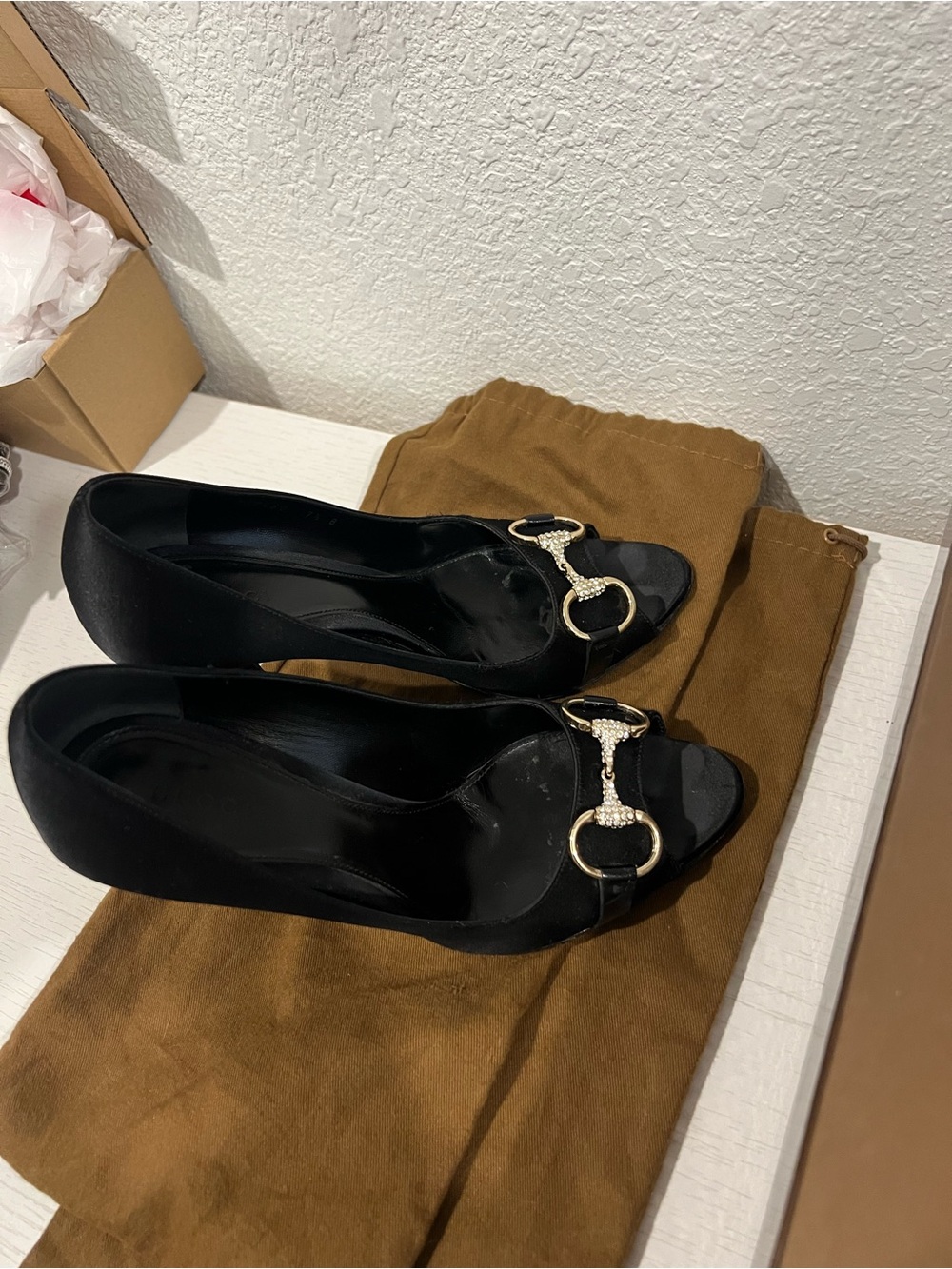 Gucci Black Satin Peep-Toe Heels with Gold Crystal Horsebit - Picture 6 of 8